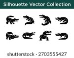 A collection of black crocodile and alligator vector silhouettes in various poses, perfect for logos, icons, and graphic design projects.