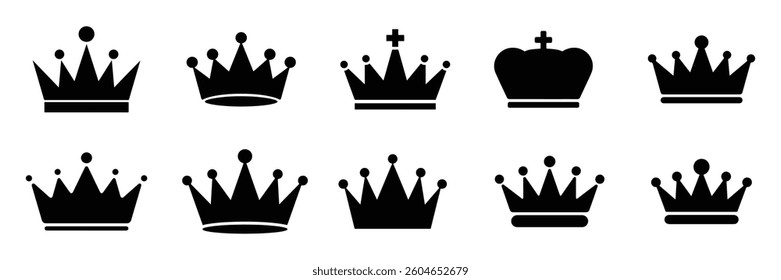 Collection of Black Crown Icons vector on white background
