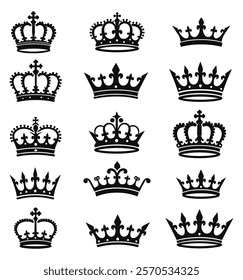 Collection of black crown silhouettes for luxury and heraldic designs