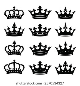 Collection of black crown silhouettes for luxury and heraldic designs