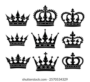 Collection of black crown silhouettes for luxury and heraldic designs