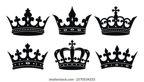 Collection of black crown silhouettes for luxury and heraldic designs