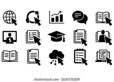 Collection of black cursor icons for online learning and business