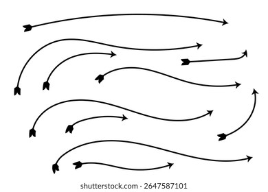 A collection of black curved arrows with feathered fletching is displayed against.