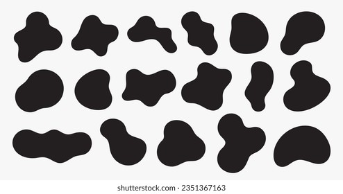 Colección de formas de blob curvas negras aisladas en blanco. Forma aleatoria orgánica líquida. Silueta geométrica abstracta para tu diseño. Ideal para mensajes de texto, fondo. Ilustración vectorial.