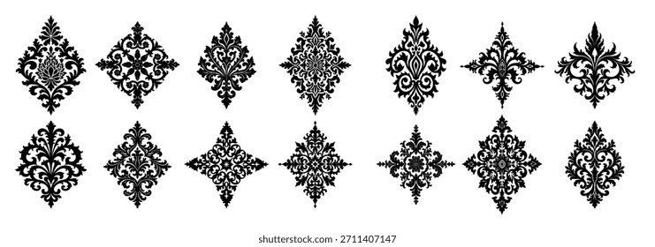 Collection of black damask ornamental elements baroque