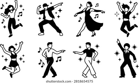 Collection of black dancing people vector icons featuring joyful men and women in energetic dance poses for celebration, entertainment, music, and lifestyle.