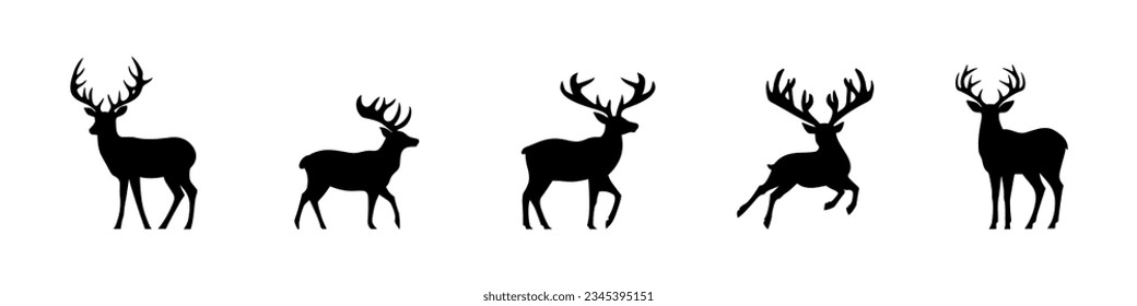 Collection of black deer icons.Logo of deer.Deer simple icon.Reindeer vector symbols.Set of deers.