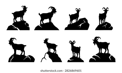 Collection of black deer silhouettes showcasing different species standing on rocks and natural landscapes, emphasizing wildlife diversity and natural habitats.