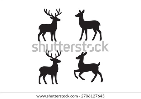 A collection of black deer silhouettes, showcasing bucks with antlers and graceful does.