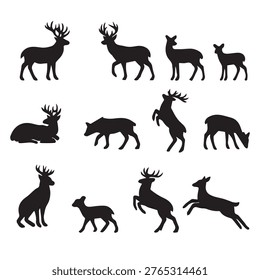 A collection of black deer silhouettes in various poses on a white background