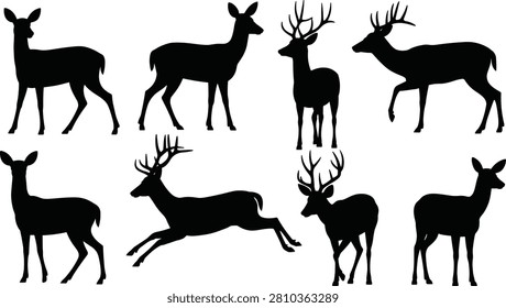 Collection of black deer and stag silhouettes in various poses on white background