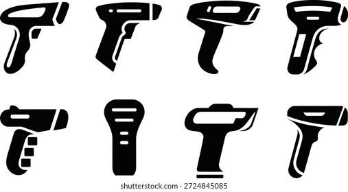 Collection of black digital thermometers and barcode scanners on a white background isolated