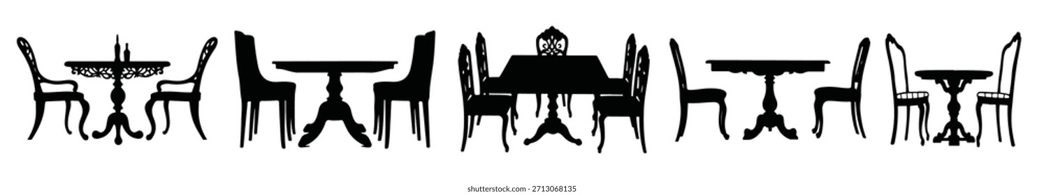 Collection of black dining table and chair silhouettes