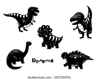 Collection of black dinosaurs isolated on white background. Dinosaurs icon set illustration. T-Rex, Stegosaurus, Brachiosaurus, Triceratops, Gargosaur. Flat cartoon colorful vector illustration.