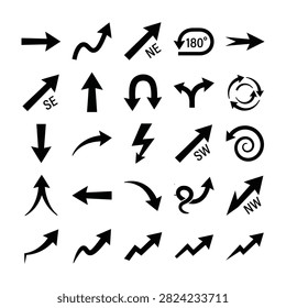 Collection of black directional arrow icons including straight, curved, zigzag, spiral, and compass directions. Ideal for navigation, maps, and design projects.