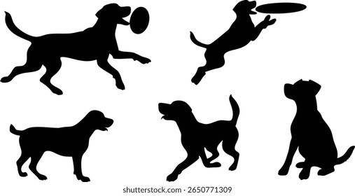 A collection of black dog silhouettes showcasing various playful actions. One dog catches a frisbee mid-air, another runs with a frisbee, and others are depicted sitting or standing.