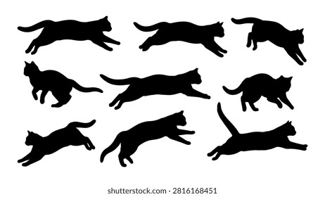 Collection of black dog silhouettes showcasing different breeds and postures, emphasizing diversity and canine characteristics in a simple style.