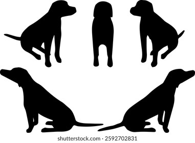 A collection of black dog silhouettes in various sitting and standing positions, displayed on a white background, perfect for design, illustration, and creative projects.