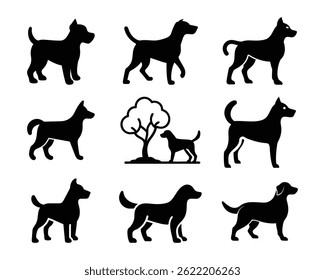 Collection of black dog silhouettes in various poses and styles on a white background