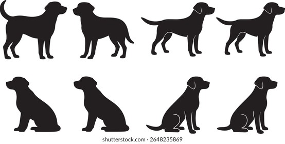 Collection of black dog silhouettes in various standing and sitting poses