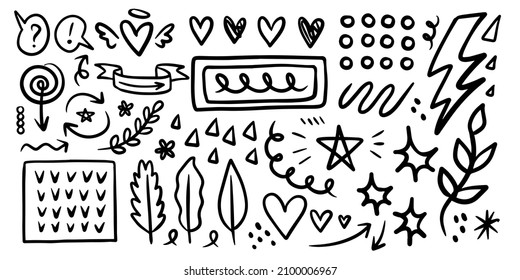 Colección de líneas de doodle negras e iconos abstractos aleatorios en un fondo aislado.