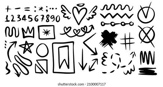 A collection of black doodle lines and abstract random icons on an isolated background.