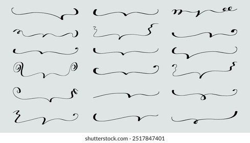 Collection of black doodle sketchy brackets or underline parenthesis. Hand drawn crayon horizontal wavy, notes, strokes. Vector drawn with pen with rough edges, loops. Template doodle graphic elements