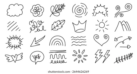 Collection of black doodles: arrows, clouds, swirls, and crowns. Playful doodles, black lines, and whimsical shapes. Perfect for creative projects and designs.
