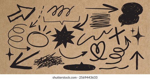 A collection of black doodles on brown paper. Arrows, stars, and swirls create a playful, artistic vibe. Doodles, arrows, and stars repeat in various forms. Hand drawn doodles element set. Vectors.