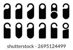 Collection of black door hanger tags with various shapes and cutouts white background