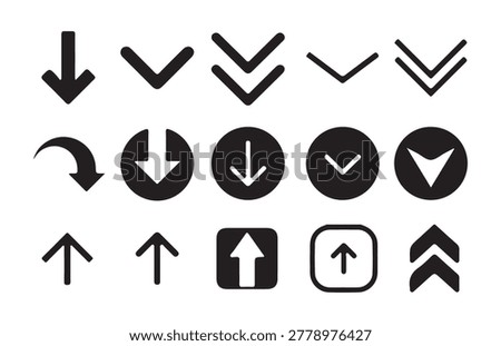 Collection of black down arrow symbols featuring circles squares and chevron designs isolated on grid.