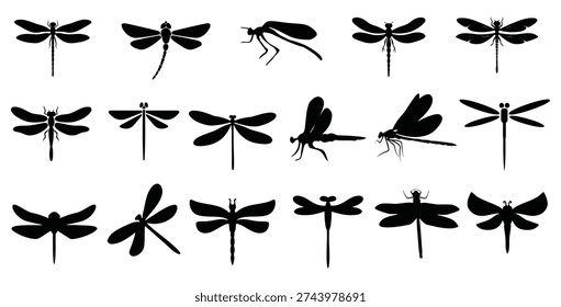 Collection of black dragonfly and damselfly silhouettes