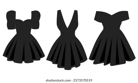 Collection of black dresses isolated on white. Beautiful modern dress illustration.