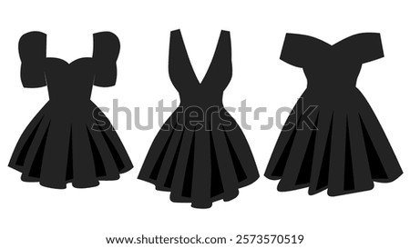 Collection of black dresses isolated on white. Beautiful modern dress illustration.