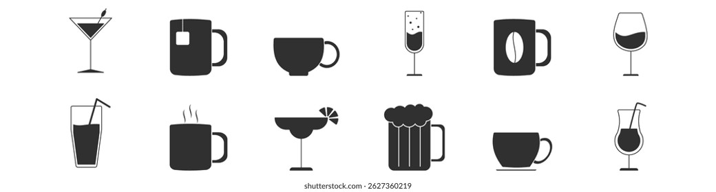 Collection of black drink icons featuring mugs, cups, wine glasses, cocktails, beer, and juice—ideal for menus, cafes, and bar designs.
