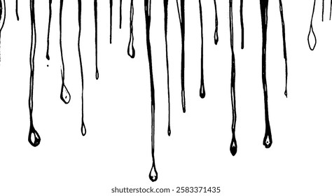 A collection of black dripping lines on a white background, resembling paint or liquid dripping down.