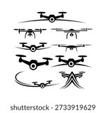 Collection of black drone silhouettes and stylized logos on a white background, showcasing various designs for unmanned aerial vehicles.