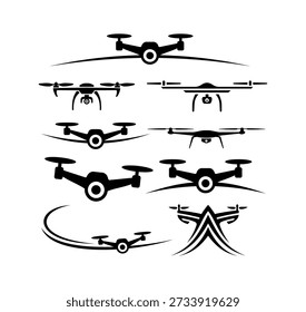 Collection of black drone silhouettes and stylized logos on a white background, showcasing various designs for unmanned aerial vehicles.