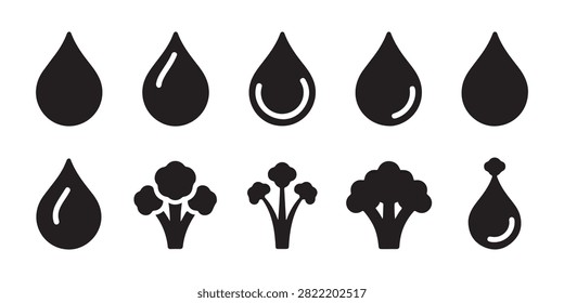 Collection of black drop icons, water droplets and broccoli florets, vector nature and food elements.