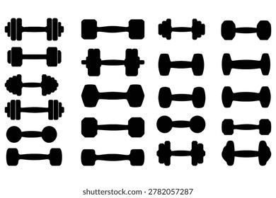 Collection of black dumbbell silhouettes, various hand weight shapes for fitness training
