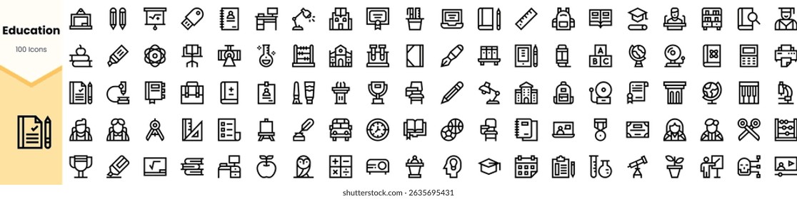 A collection of black education-related icons, including books, teachers, classroom items, and graduation symbols, illustrating various aspects of learning.