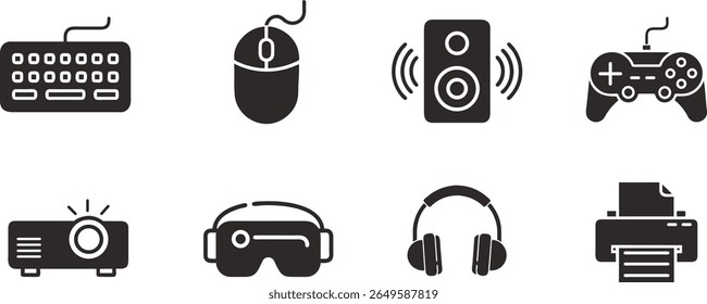 Collection of black electronic device icons including keyboard, mouse, speaker, controller, projector, VR headset, headphones, and printer. Simple silhouette style. Ideal for tech, apps, and UI design