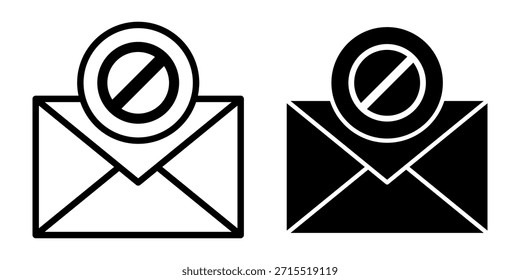 Una colección de íconos negros de bloqueo de correo electrónico con sobres con símbolos de prohibición. Ideal para Filtrar de spam, Configuraciones de seguridad, interfaces de privacidad y elementos visuales de comunicación bloqueados.