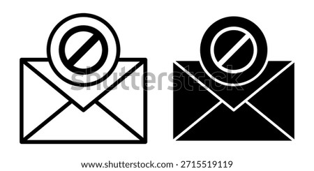 A collection of black email block icons featuring envelopes with prohibition symbols. Ideal for spam filters, security settings, privacy interfaces, and blocked communication visuals.