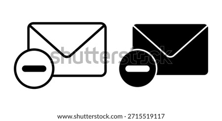 A collection of black email remove icons featuring envelopes with removal marks. Ideal for inbox management, message control, and digital communication systems.
