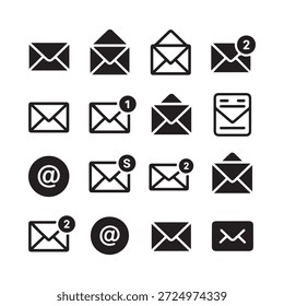 Colección de iconos de sobres negros, incluidos algunos con insignias de notificación
