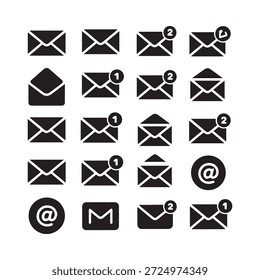 Coleção de ícones de envelope preto com emblemas de notificação e no símbolo