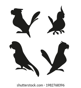 Collection of black exotic macaw and ara parrots silhouettes isolated on white background. Vector flat simple illustration.
