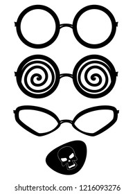Collection of black eyeglass silhouettes in different shapes, party props.